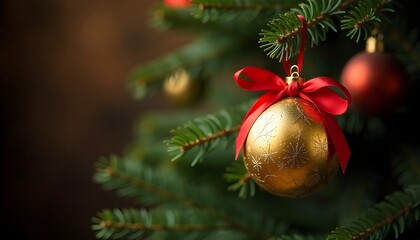 Christmas Background With Vintage Golden Ornament Hanging On Fir Branches