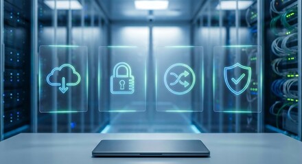 Secure cloud data storage and cybersecurity concept with server room background