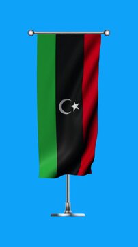 Realistic Standing Vertical  Wavy Flag Banner of LIBYA on Metallic Pole with Loop Animation