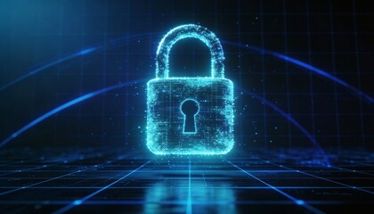 Hacker prevention, data protection visual metaphor, secure padlock made of digital particles, dark tech background, clean and corporate