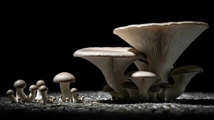 Close Up of Mushroom Cluster Growing in Dark Environment with Soft Lighting