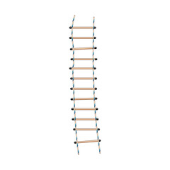 Rope ladder featuring wooden rungs and blue and white striped ropes, representing themes like challenge, adventure, progress, and reaching a new level or goal © PikePicture