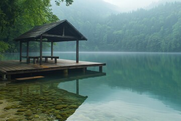Tranquil wooden pier with pavilion by calm lake surrounded by lush greenery