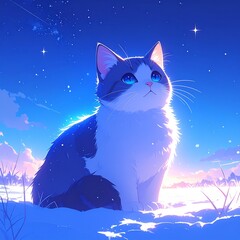 月明かりに照らされた雪原。青い夜空の下、猫の瞳が星のように輝いている