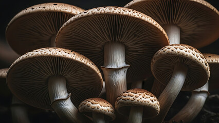 a close up photograph showcases a cluster of brown mushrooms with textured caps and slender stems set against a dark background high quality professional detailed modern