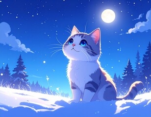 月明かりに照らされた雪原。青い夜空の下、猫の瞳が星のように輝いている