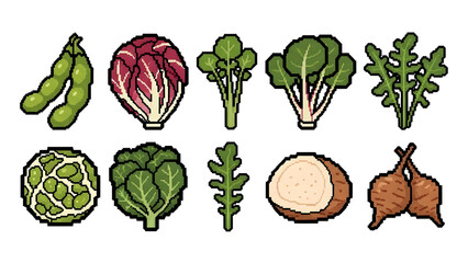 Pixel Art Healthy Vegetables & Legumes Collection. Retro 8-bit style illustration of fresh produce like edamame, lettuce, and root crops.