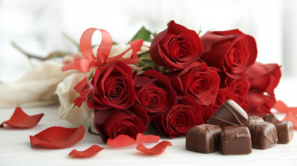 赤いバラの花束とチョコレートが白い布の上に置かれている