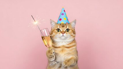 a charming portrait of a ginger tabby cat wearing a festive party hat and holding a champagne flute with a sparkler high quality professional detailed modern