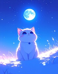 月明かりに照らされた雪原。青い夜空の下、猫の瞳が星のように輝いている