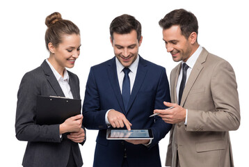 Business professionals collaborating with digital tablet for corporate presentations on white or transparent background.