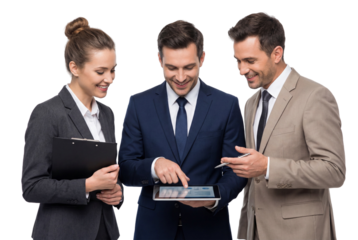 Business professionals collaborating with digital tablet for corporate presentations on white or transparent background.