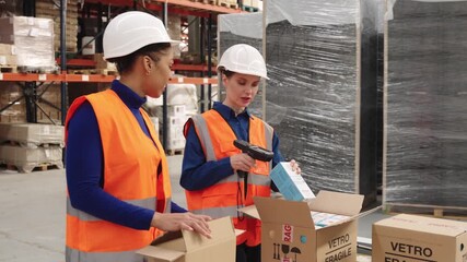 Female warehouse workers scanning barcodes for inventory management - Powered by Adobe