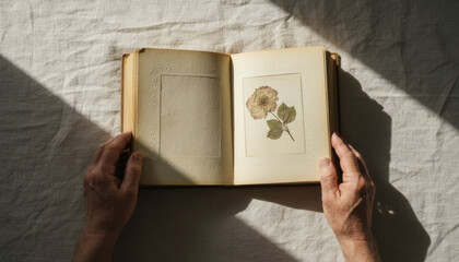 Hands holding open vintage book with pressed flower illustration  