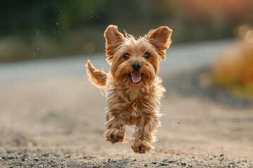 Small yorkshire terrier running happily towards camera with ears flapping in the wind