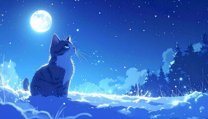 月明かりに照らされた雪原。青い夜空の下、猫の瞳が星のように輝いている