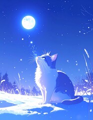 月明かりに照らされた雪原。青い夜空の下、猫の瞳が星のように輝いている