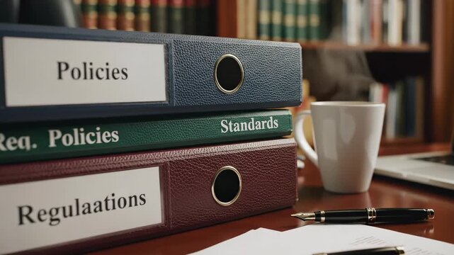 Stack of binders labeled Policies, Standards, and Regulations on a wooden office desk. Corporate compliance and legal administration concept with a fountain pen, documents, and steaming coffee