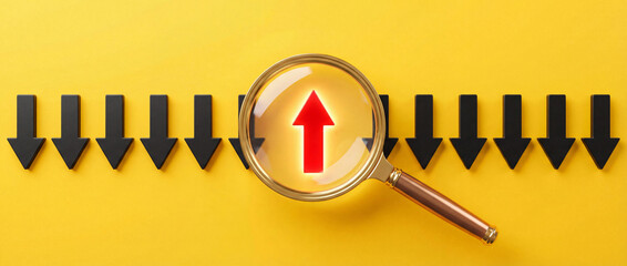 Business growth and performance improvement concept with upward arrow highlighted among downward trends.