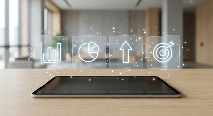 Business data analysis on modern tablet in office setting