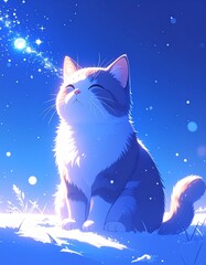 月明かりに照らされた雪原。青い夜空の下、猫の瞳が星のように輝いている