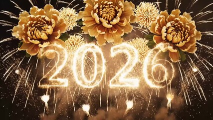 Golden fireworks illuminate the year 2026 with festive floral accents for celebration - Powered by Adobe