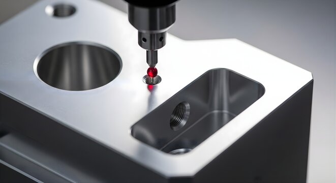 CMM Machine Measuring Detail with a Probe at Work Inspecting Metal Part Dimensional Measurement Quality Control Precision Engineering High Technology Manufacturing Process