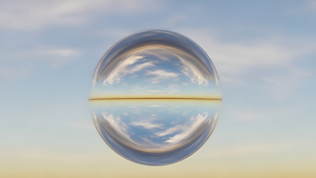 Minimalist Crystal Sphere Floating in Pale Blue Sky, Reflective Glass Ball with Horizon Mirroring Soft Clouds, Surreal Zen Concept Background