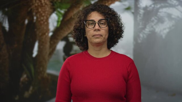 Woman with mouth open and glasses, curly hair and red sweater, standing by a large tree trunk in a forest; surprise curiosity.