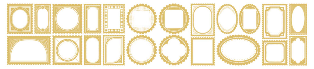 Vintage postage frame set, vector mail stamps, antique decoration abstract geometric postal border. Retro empty ornamental blank design, oval rectangle circle mark sticker. Trendy vintage frame print