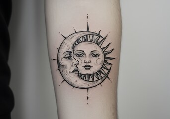 太陽と月の繊細な線画タトゥー