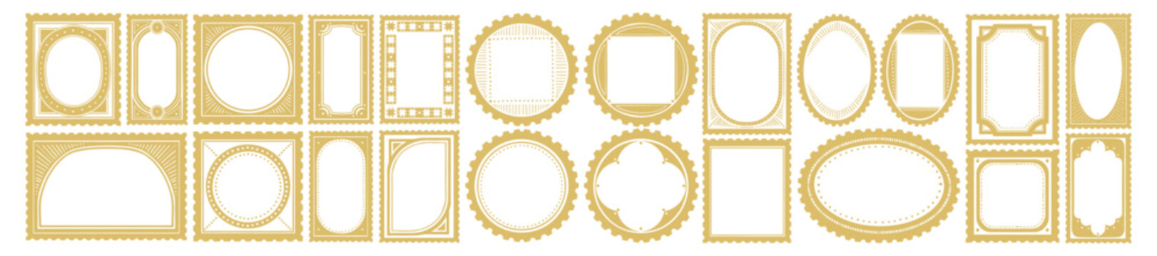 Vintage postage frame set, vector mail stamps, antique decoration abstract geometric postal border. Retro empty ornamental blank design, oval rectangle circle mark sticker. Trendy vintage frame print
