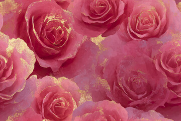 Pink rose flower pattern with gold glitter texture, creating luxurious and elegant floral background full of romantic and soft beauty in seamless design