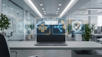 Modern office with laptop and digital network icons on screen