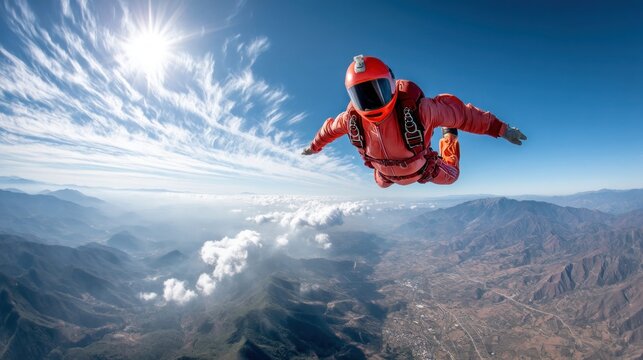 A skydiver leaps through the air, providing an impressive aerial view over mountains and clouds.