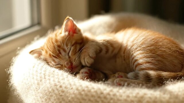 Sleeping orange tabby cat curled up on a woven cushion by a sunny window with a soft, warm glow and a serene atmosphere.