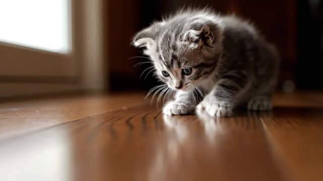 Curious gray kitten crouching low on a wooden floor, looking down with a shallow depth of field, warm tones, in a room with a window.