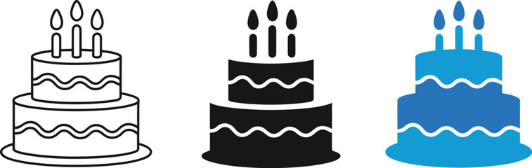 Birthday Cake Icon Set &ndash; Stylized Celebratory Symbols in Outline, Solid, and Blue Variants