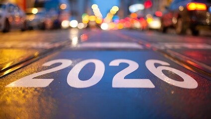 Wet street with '2026' painted on it, blurred city lights and cars at night.