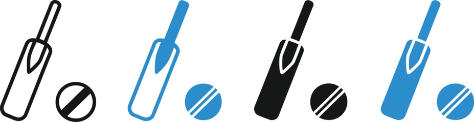 Cricket Bat & Ball Icon Set &ndash; Stylized Equipment Variations for Sport and Design