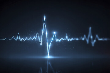 Fototapeta premium Electrocardiogram heart rate line glowing in blue light with digital effect on dark background, symbolizing heartbeat and medical monitoring technology