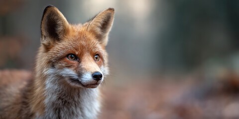 Obraz premium Fox stands in a forest with soft light during the early morning hours