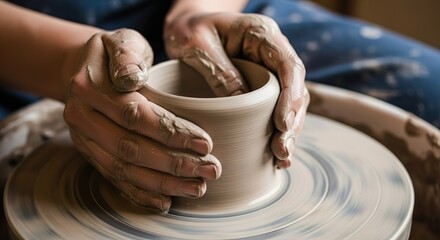 Close-up of potter's hands shaping wet clay into a pot on a spinning pottery wheel, traditional ceramic craftsmanship.
