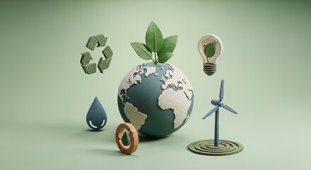3D isometric render of ecology icons including earth globe, recycling symbol, wind turbine, and leaf on a green background.