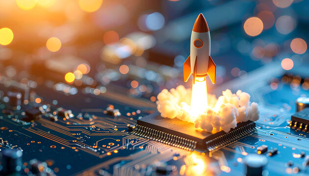 Mini rocket taking off from a motherboard, representing digital innovation, tech progress, and fast development.