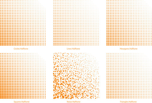 Set of Six Orange Halftone Dot Pattern Gradients Vector Collection. Graphic design elements for backgrounds.