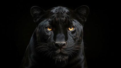 Majestic black panther portrait with intense yellow eyes on a solid dark background wildlife photography.