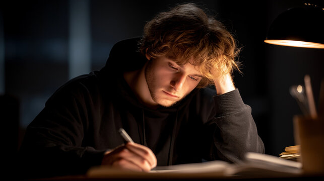 A young man focused on writing a letter or studying under a lamp at night