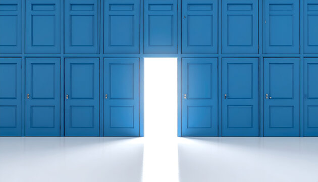 Multiple closed blue doors with one bright open door, symbolizing opportunity, hope, and new possibilities.