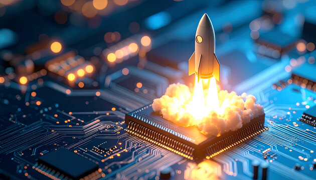 Futuristic rocket launching from a computer chip, symbolizing innovation, startup growth, and advanced technology.